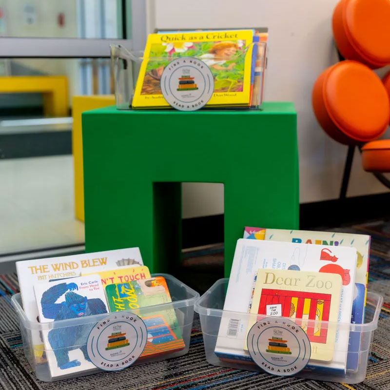 Books organized in bins in a classroom.